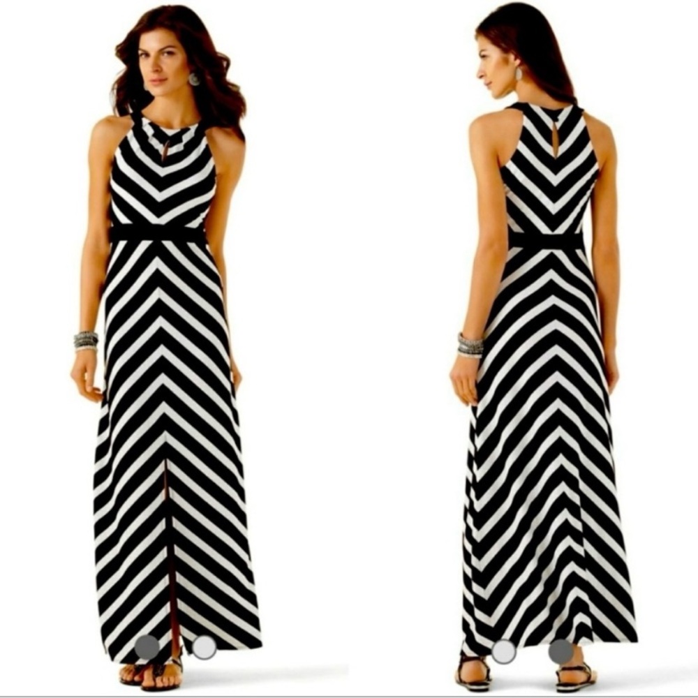 White House Black Market black white Chevron Halter Maxi Dress sz Small